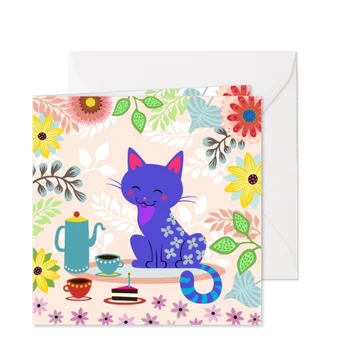 Uitnodiging High Tea met vrolijke kat en bloemen